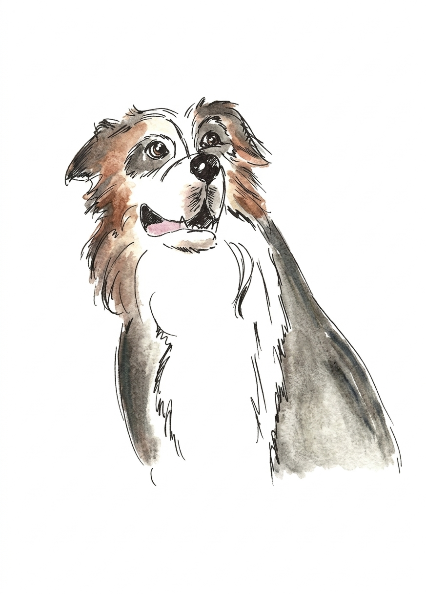Watercolor sketch of an Australian Shepherd dog.